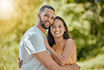 Happy couple hug, love and care in park, garden and nature for easy lifestyle, romantic date and free time together outdoors. Portrait of smile man, relax woman and young people in summer backyard 