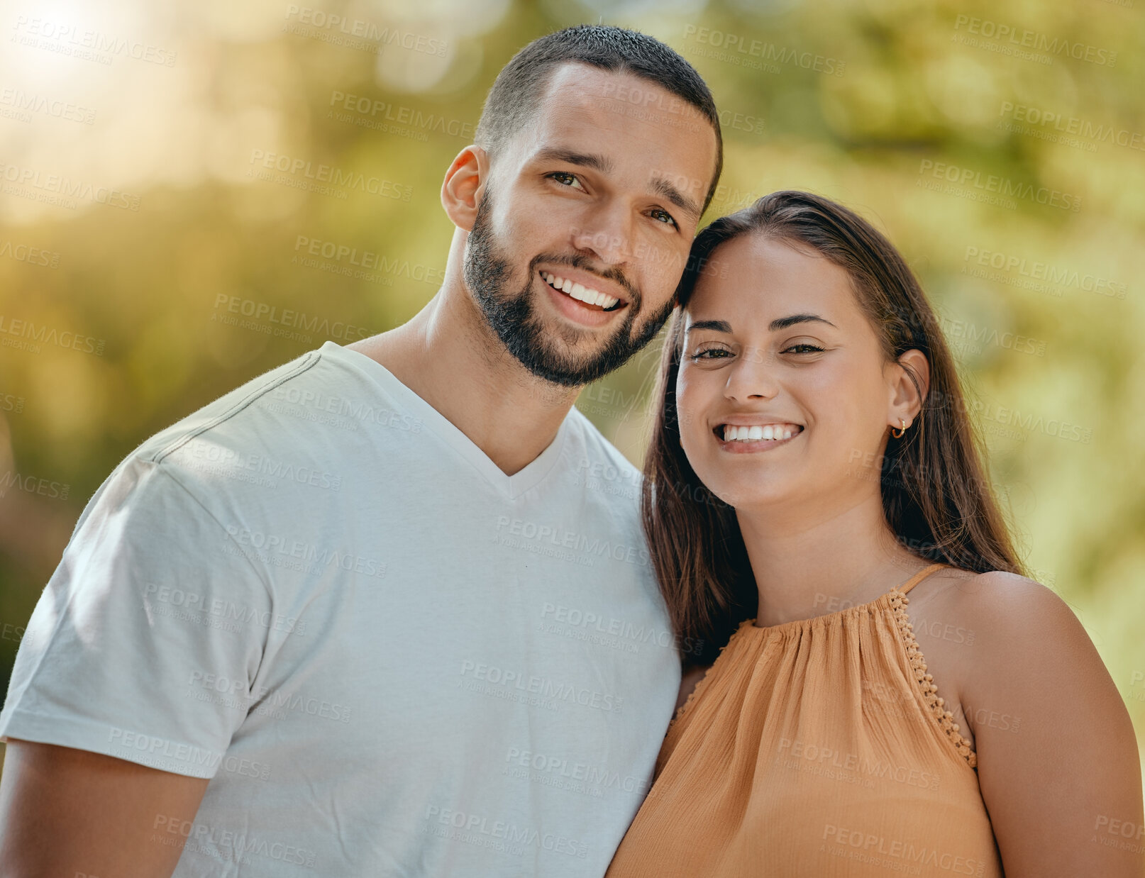 Buy stock photo Portrait, happy and couple in nature to relax on a honeymoon vacation, holiday or weekend in Brazil, Sao Paulo. Smile, partners and healthy woman enjoying quality time, bonding and marriage with man