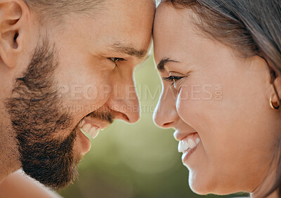 Buy stock photo Face of happy couple touching head in love, care and happiness in garden, park or spring nature outdoors. Closeup young, smile and happy people, man and woman relax together on romantic summer date