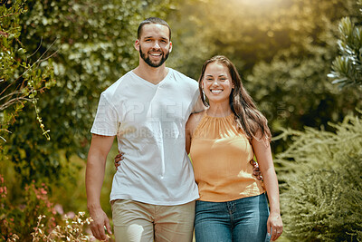Buy stock photo Happy, smile and portrait of a couple in a garden on a summer date together in Mexico. Happiness, love and young man and woman standing in an outdoor green park on a fun adventure or holiday.