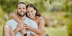 Couple, hug and love together in park, outdoor bonding portrait and happiness with care in nature. Mexican man, woman and happy mockup, relationship and spending quality time with hugging. 