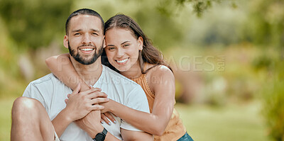 Buy stock photo Couple, hug and love together in park, outdoor bonding portrait and happiness with care in nature. Mexican man, woman and happy mockup, relationship and spending quality time with hugging. 