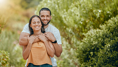 Buy stock photo Love, happy and portrait  with couple in park for for summer, hug and relax date together. Smile, nature and spring with man and woman in relationship in outdoor for peace, forest and calm lifestyle