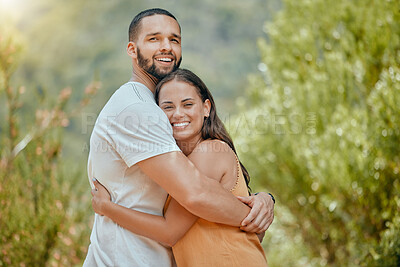 Buy stock photo Black couple, hug and smile in woods together, outdoor and bush with love, romance or bonding on vacation in nature. Happy, man and woman embrace in portrait, forest or trees for happiness