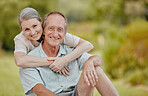 Love, smile and portrait of old couple in nature on vacation, holiday or summer trip. Relax, hug and happy senior, retired man and woman outdoors enjoying quality time together and bonding at park.