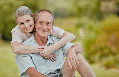 Buy stock photo Love, smile and portrait of old couple in nature on vacation, holiday or summer trip. Relax, hug and happy senior, retired man and woman outdoors enjoying quality time together and bonding at park.