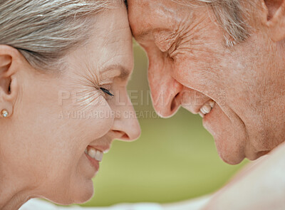 Buy stock photo Love, senior couple and touch face of a marriage with elderly people feeling care and happiness. Happy, holding and smile of a wife and man together loving retirement and life with gratitude outdoor