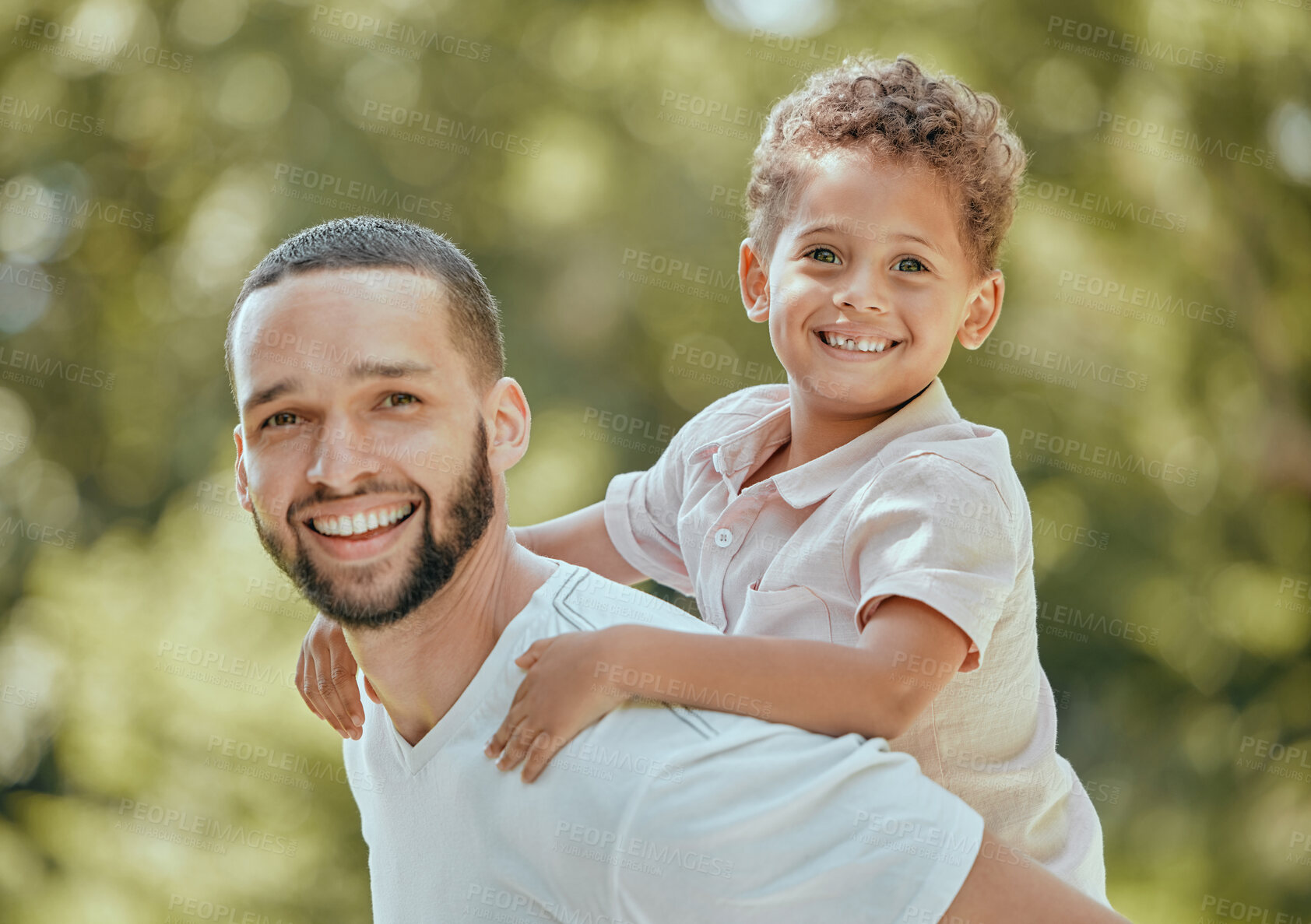 Buy stock photo Dad, piggy back and child fun in nature with father and son bonding with quality time and happiness. Portrait of a happy dad and young kid together in a park with parent care and play with love 