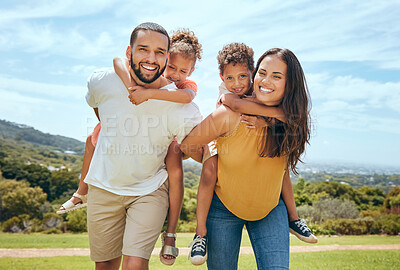 Buy stock photo Happy mom, dad and children on piggyback ride from parents in nature park for fun, summer time bonding and outdoor family activity. Black father, mother and kids smile together while playing on grass
