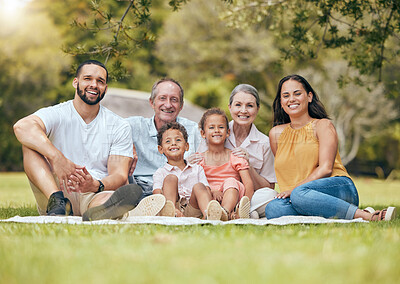 Buy stock photo Big family, picnic and outdoor at nature park or garden with children, parents and grandparents together in happiness and love. Summer vacation with women, men and kids with a smile, support and care