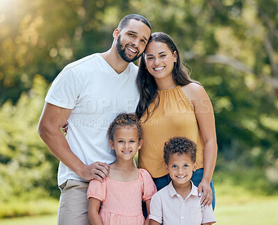 Buy stock photo Family, children and garden with a girl, boy and parents outdoor together in the yard on a summer day. Portrait, love and bonding with a mother, father and kids standing outside in a nature park