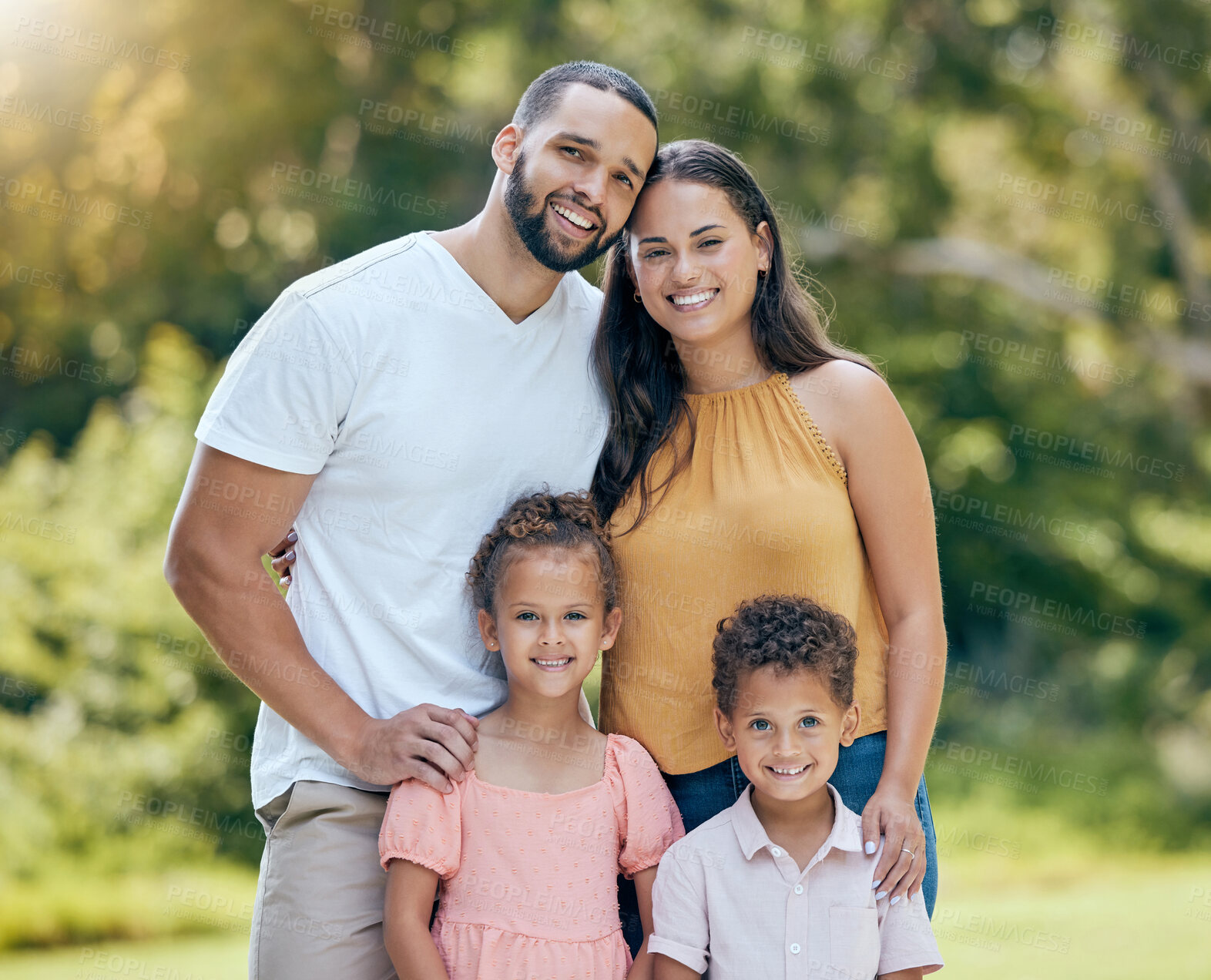 Buy stock photo Family, children and garden with a girl, boy and parents outdoor together in the yard on a summer day. Portrait, love and bonding with a mother, father and kids standing outside in a nature park