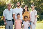 Family, smile and nature happiness with quality quality time together with parent love and children. Portrait of happy kids, mother and dad with grandparents bonding in summer with big family 
