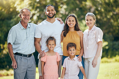 Buy stock photo Family, smile and nature park happiness with quality time together with parent love and children. Portrait of happy kids, mother and dad with grandparents bonding in summer with big family 