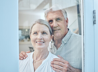 Buy stock photo Senior couple, retirement future and window vision for thinking, love and care in Australia home. Happy, elderly and old people, woman and man in house, hope and lifestyle, dream and opportunity idea