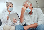 Tablet, doctor and patient with mask, diagnosis results and infected for illness. Telehealth, male and medical profession with digital device, corona results or treatment plan for illness in hospital