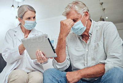 Buy stock photo Tablet, doctor and patient with mask, stress and diagnosis results for illness. Telehealth, sad male and medical professional with digital device, corona and depressed for sickness in hospital upset.