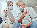 Covid, tablet and healthcare with a senior man patient and doctor during a home visit for a checkup appointment. Medical, consulting and mask with a woman health professional talking to a mature male