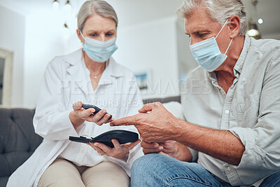 Buy stock photo Covid, doctor or man in diabetes test on glucometer strip in nursing home lockdown or house living room. Retirement senior, diabetic patient or blood glucose insulin management and covid 19 face mask