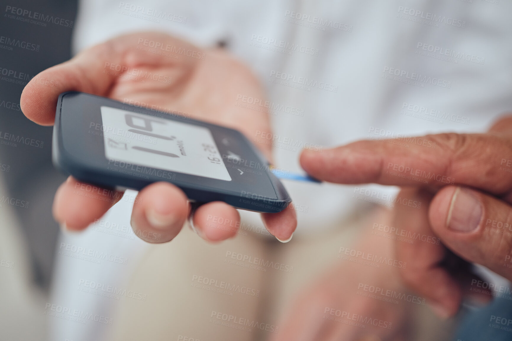 Buy stock photo Healthcare, diabetes and senior man with glucometer checking blood sugar level on finger closeup. Health, innovation and medicine, daily life of diabetic with home test to check blood glucose levels.