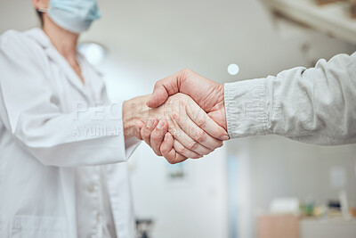 Buy stock photo Handshake, patient and doctor with covid results, healthcare or agree on treatment plan in hospital. Hand shake, medical professional and consult for diagnosis, communication or advice for recovery
