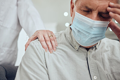 Buy stock photo Anxiety, stress and covid mask of an elderly man with a helping hand from a woman. Senior person feeling worried and sad about coronavirus, grief or mental health with female support and care