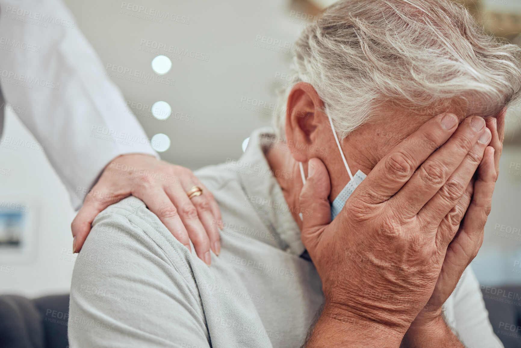 Buy stock photo Man hands, covid face mask or sad in nursing home, house or hospital and bad news, cancer test results or anxiety. Doctor, psychologist or counseling therapist and crying covid 19 retirement senior