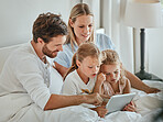 Happy family, tablet and children in bedroom elearning, education or study on digital tech at home. Love, kids child development and youth girl, mother and father streaming online movie on ui screen