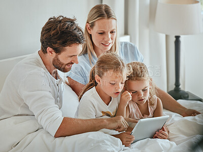 Buy stock photo Happy family, tablet and children in bedroom elearning, education or study on digital tech at home. Love, kids child development and youth girl, mother and father streaming online movie on ui screen