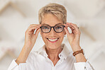 Glasses, retail store and shopping portrait of mature woman buying eyewear for vision and eyesight in a store. Optometry, opthalmology and senior female buy or purchase new eye glasses or spectacles 