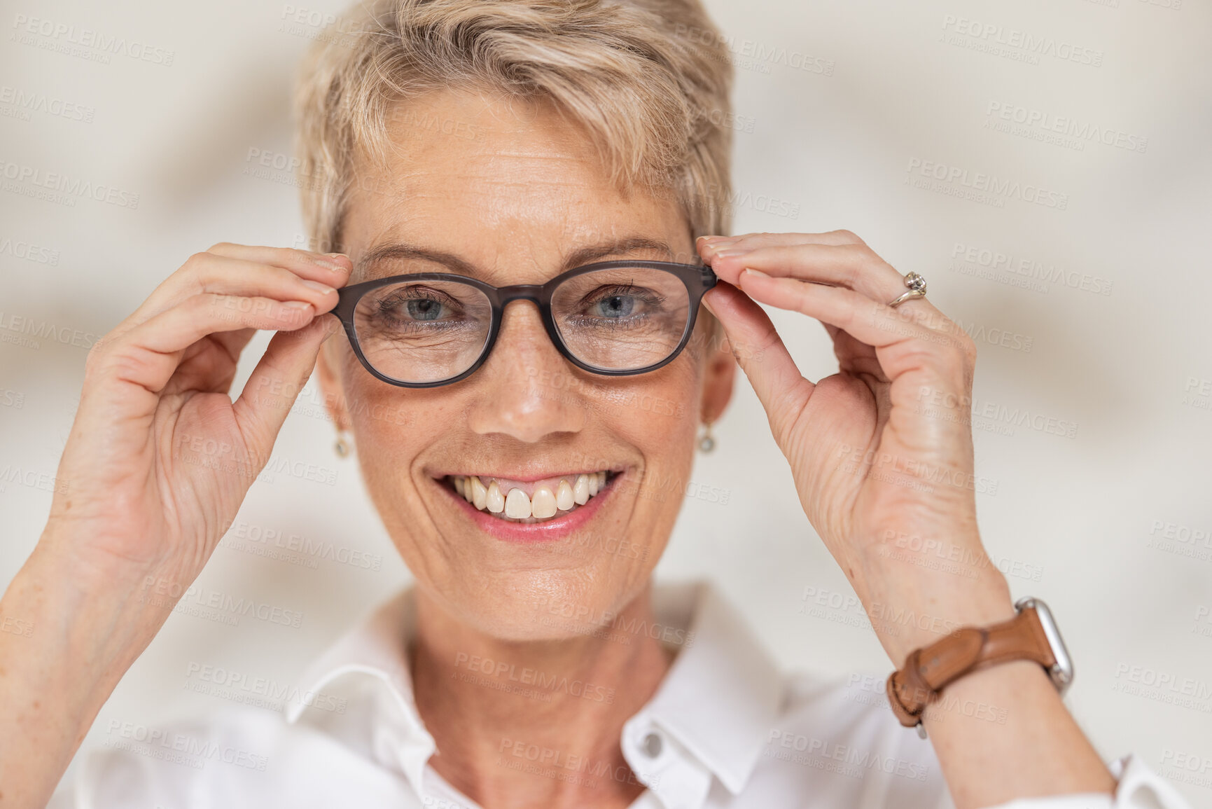 Buy stock photo Mature woman, face and vision glasses in fashion or style eye care for healthcare insurance, medical wellness or glaucoma support. Smile portrait, happy person and optometry prescription eyes lenses