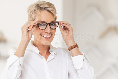 Buy stock photo Glasses, vision and optometry with a woman customer at the optician shopping for new frame spectacles. Portrait, eyewear and retail with a female consumer buying prescription lenses at an optometrist