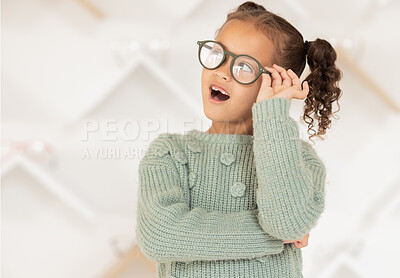 Buy stock photo Child, girl or kid and fashion glasses, vision eye frame or medical healthcare eyes prescription in optometry clinic. Eye care lens, insurance or optician eyeglasses for youth with wow or amazed face