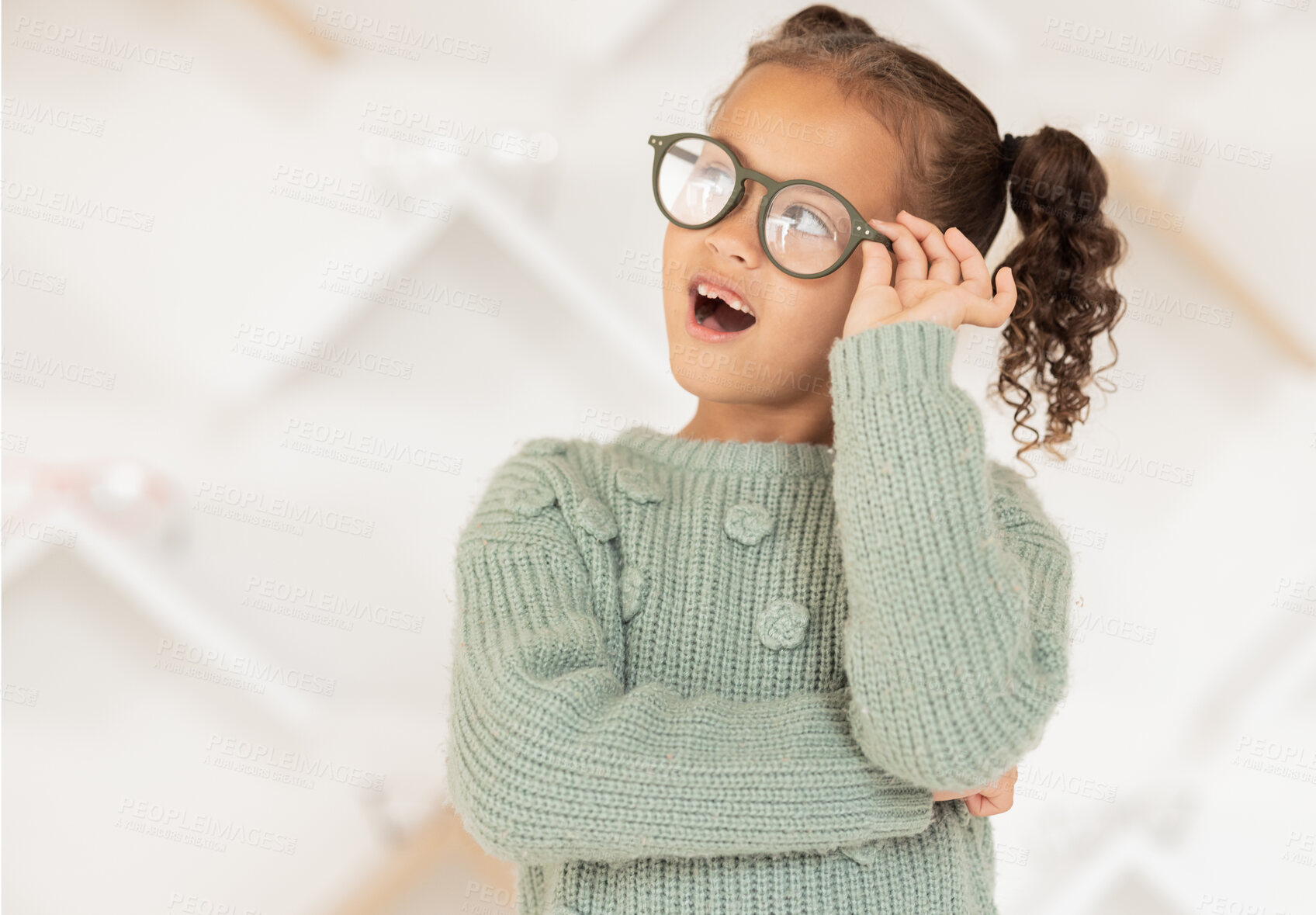 Buy stock photo Child, girl or kid and fashion glasses, vision eye frame or medical healthcare eyes prescription in optometry clinic. Eye care lens, insurance or optician eyeglasses for youth with wow or amazed face
