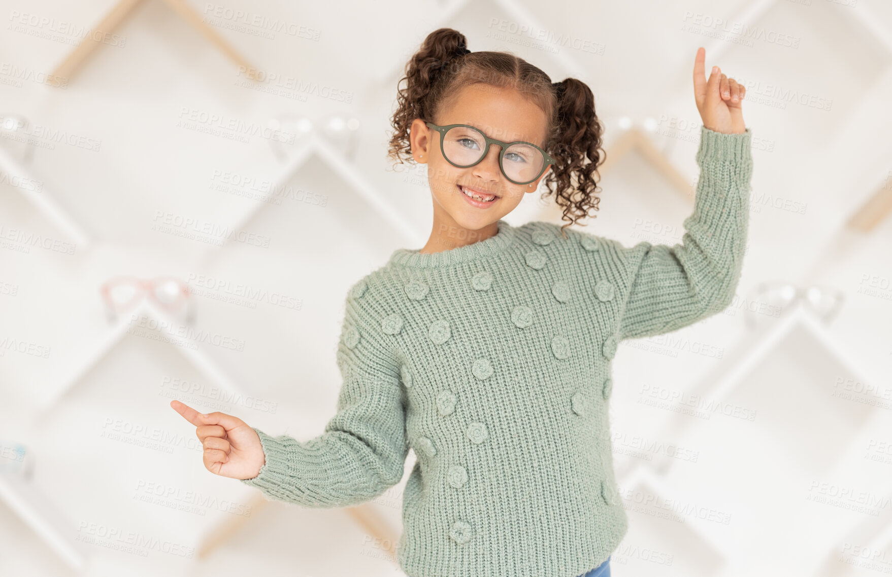 Buy stock photo Child, glasses and eye care vision support for medical healthcare. Portrait of young girl, happy and healthy eye exam success or lens wellness treatment in optometrist eye clinic, surgery or store