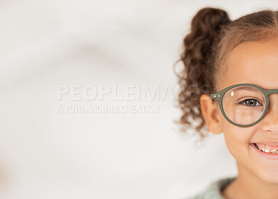 Buy stock photo Mockup, advertising and girl with glasses from optometrist for vision in eyes at a clinic, store or shop. Half, happy and child with medical eyeglasses from optician with mock up space for marketing