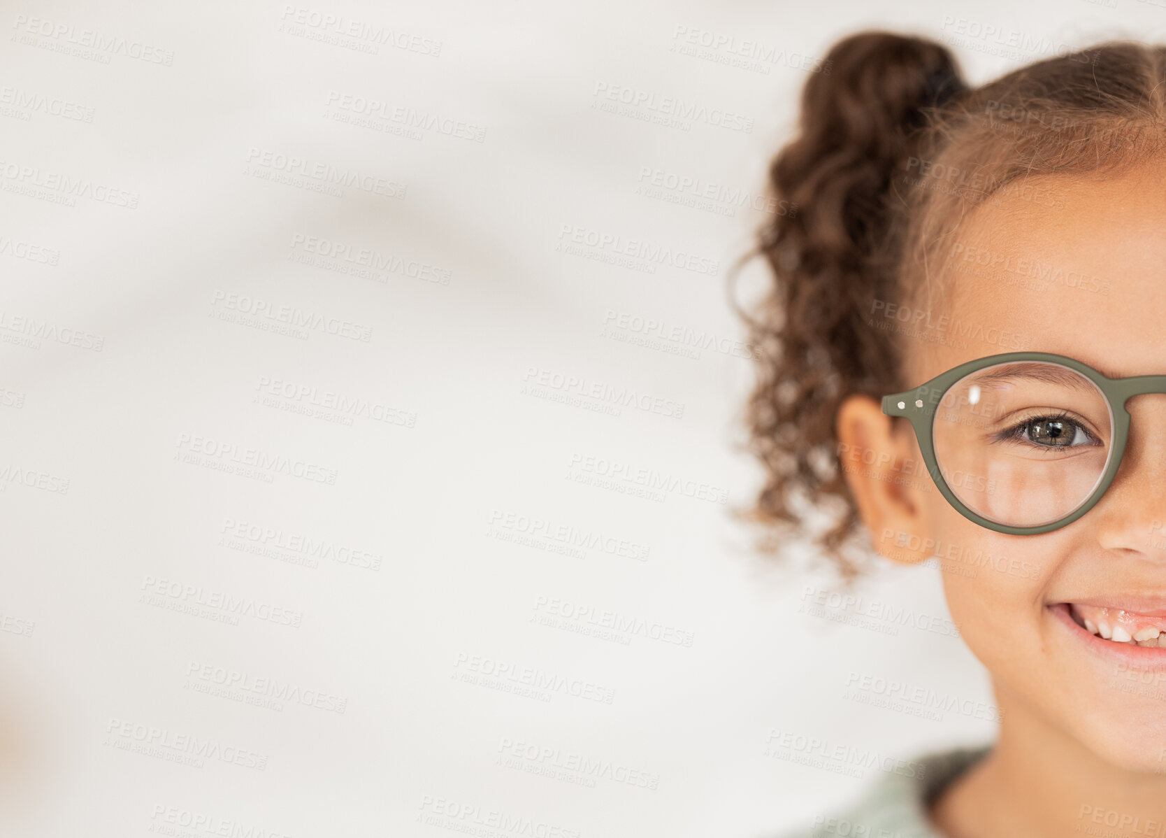 Buy stock photo Mockup, advertising and girl with glasses from optometrist for vision in eyes at a clinic, store or shop. Half, happy and child with medical eyeglasses from optician with mock up space for marketing