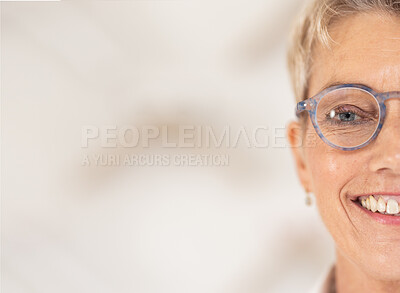 Buy stock photo Woman, glasses and optometrist choice with a senior woman happy about frame, lens or optics decision against mockup space. Portrait and face of woman with a smile for vision, eye care and wellness
