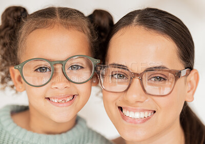 Buy stock photo Optometrist, vision and portrait of mother and child smiling together with glasses. Family, healthcare and mom with girl with prescription spectacles for optical sight, eye care and optician eye test