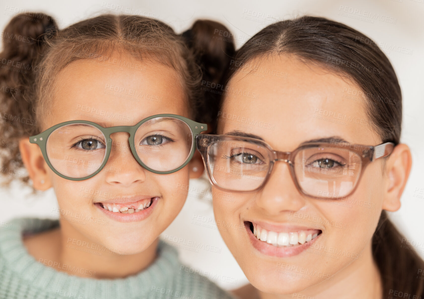 Buy stock photo Optometrist, vision and portrait of mother and child smiling together with glasses. Family, healthcare and mom with girl with prescription spectacles for optical sight, eye care and optician eye test