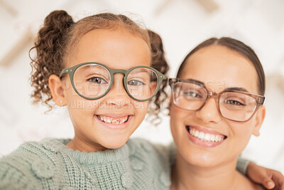 Buy stock photo Woman with glasses, eye care for child and frame lens with happy girl face or optician vision for sight. Family portrait with mother, advertising optometrist spectacles deal and eyes looking together