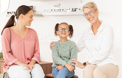 Buy stock photo Children, glasses and optometry with a mother and daughter at the optician for an eye test. Vision, family and retail with a woman and girl customer shopping for prescription lenses at an optometrist