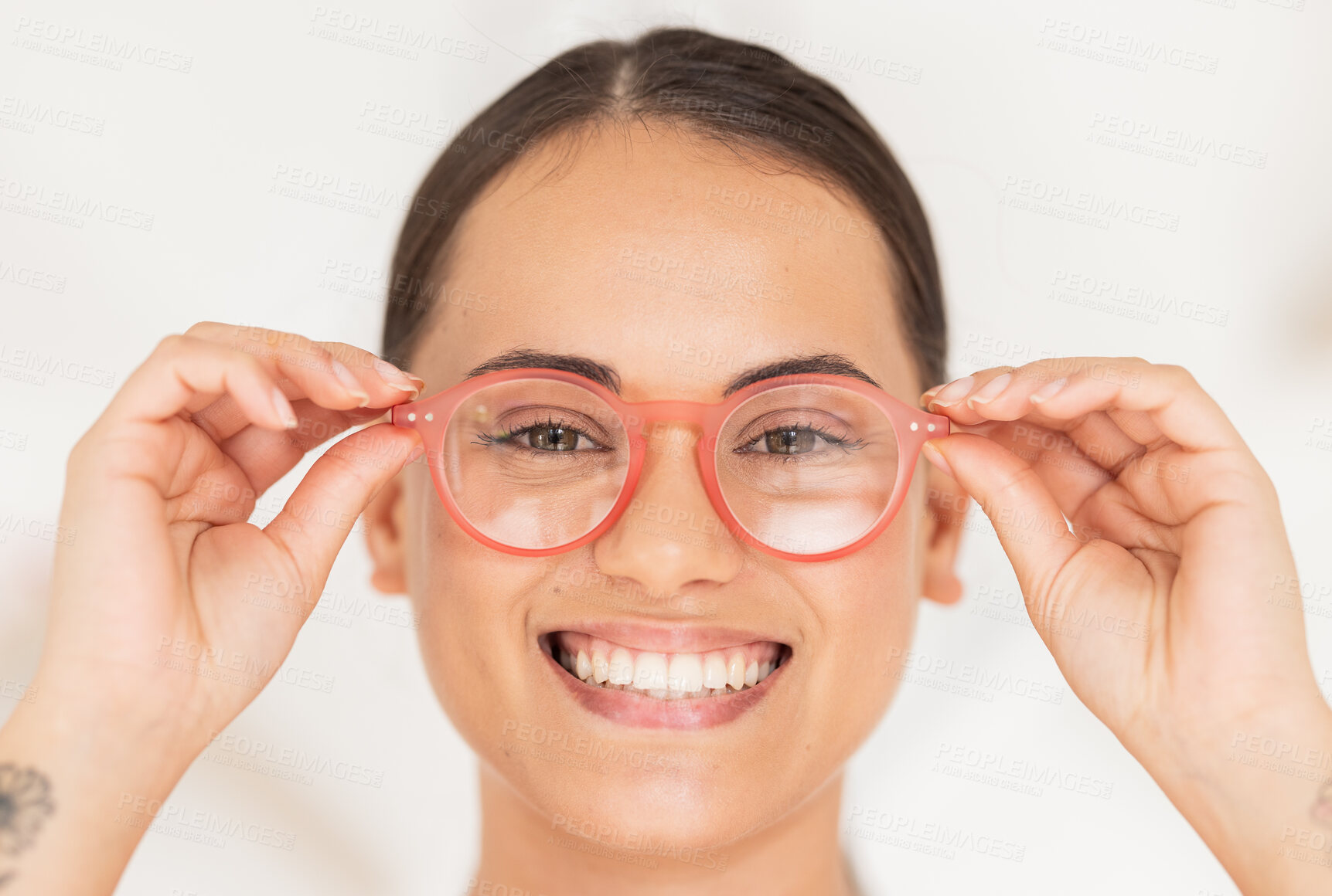 Buy stock photo Optometry, vision and portrait of woman with glasses trying on new frame for prescription lenses. Happy, smile and lady trying on spectacles or eyewear to improve eyesight in optical store or clinic.