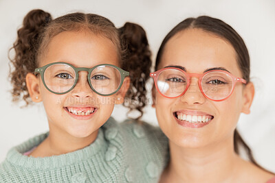 Buy stock photo Portrait, mother and child with glasses for eye care wellness and healthy vision after an eye exam at the optometrist. Smile, mom and happy child wearing eyeglasses or eyewear with pride as a family