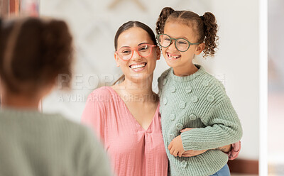 Buy stock photo Family, optics store and shopping with mother and child looking at glasses choice in mirror for eye care, vision and optical health. Woman and girl customer with fashion lens or frame in retail shop