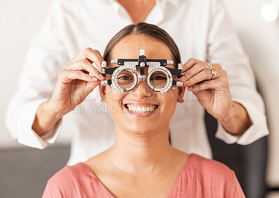 Buy stock photo Eye test, vision and optometry with a woman customer testing her eyes during an optician appointment. Insurance, consulting and glasses with a female patient in an exam for prescription lenses