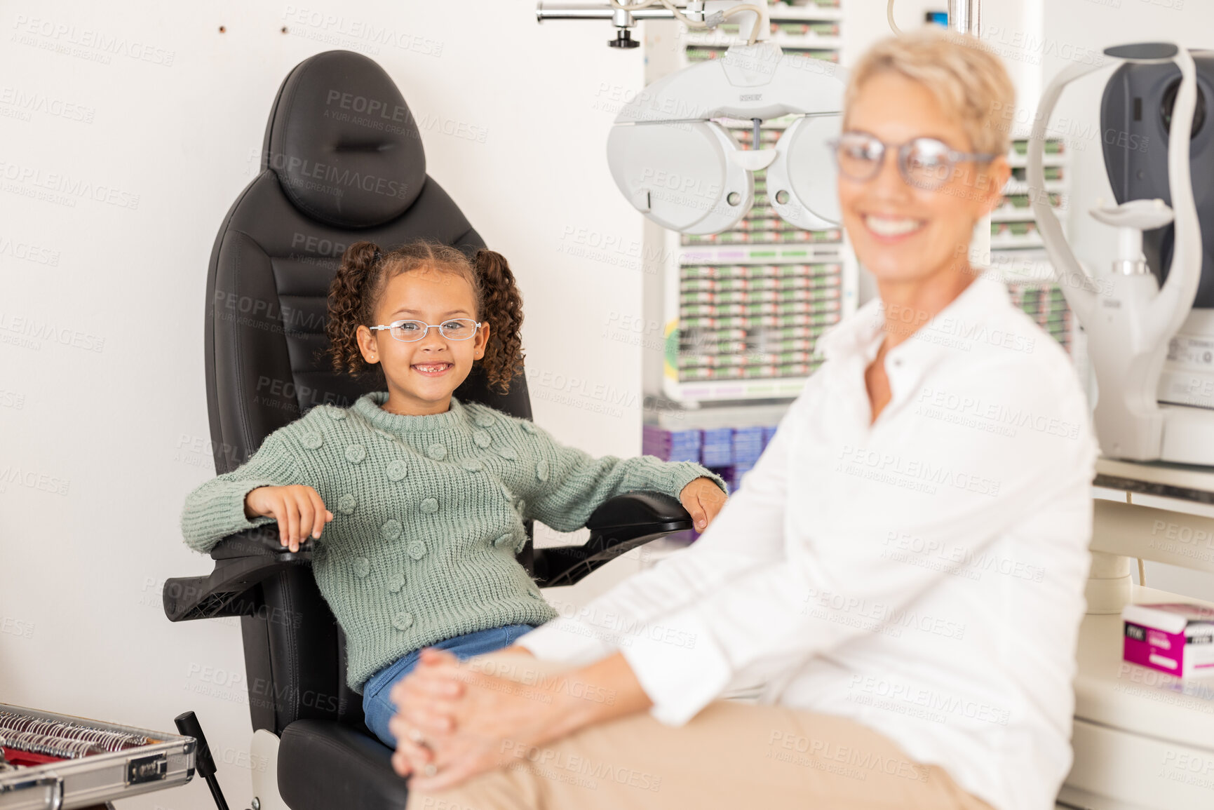 Buy stock photo Children, vision and glasses with a girl customer and optometrist consulting in an office for an eye test. Portrait, eyewear and retail with a female child and optician consulting in an appointment