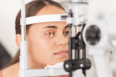 Buy stock photo Healthcare, eyes and woman eye test at a clinic for vision, health and eyesight on a slit lamp examination. Face, eye care and girl consulting optometrist for sight, wellness and glaucoma testing 