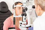 Eye, optometrist and eye exam in ophthalmologist office with optical machine to examine vision weak iris, pupil or lens of eyeball. Woman, optical clinic test and professional optician eye care test 