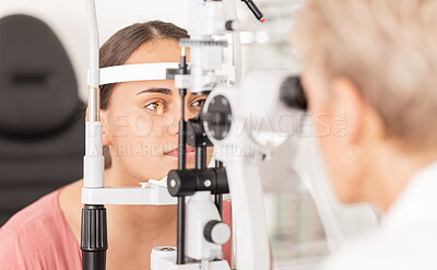 Buy stock photo Woman at eye lens test, healthcare for vision by optician for contact lens and focus with laser medical tool. Eyesight, expert optometrist consulting glaucoma patient's insurance and visual zoom